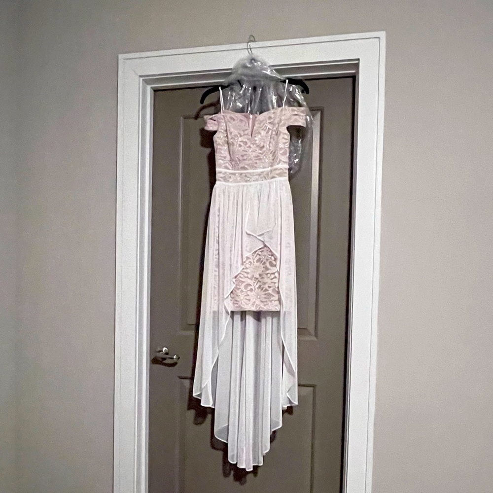 Morgan & Co off the shoulder high low dress